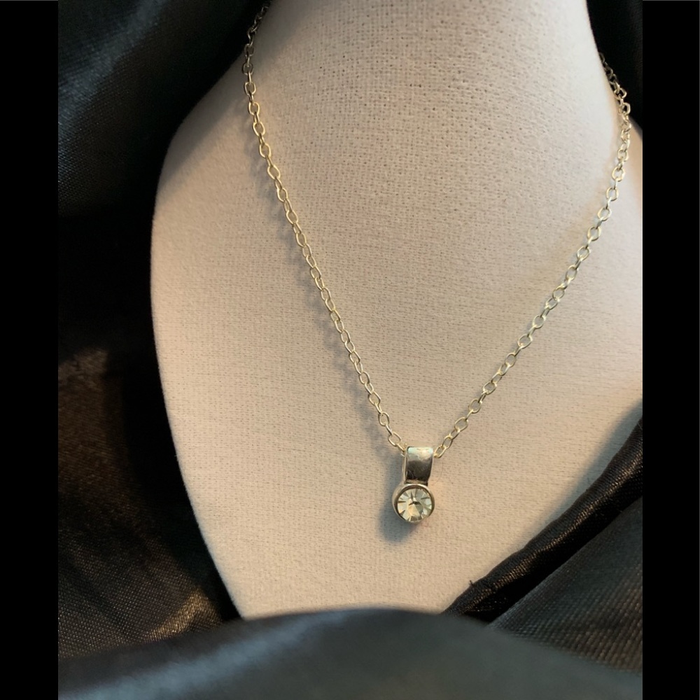 Silver Tone Clear Crystal Small Drop Necklace